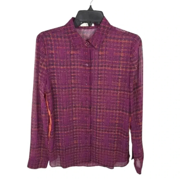 {Hinge} Plaid Laced Sheer Button Down Blouse Small - Picture 1 of 14